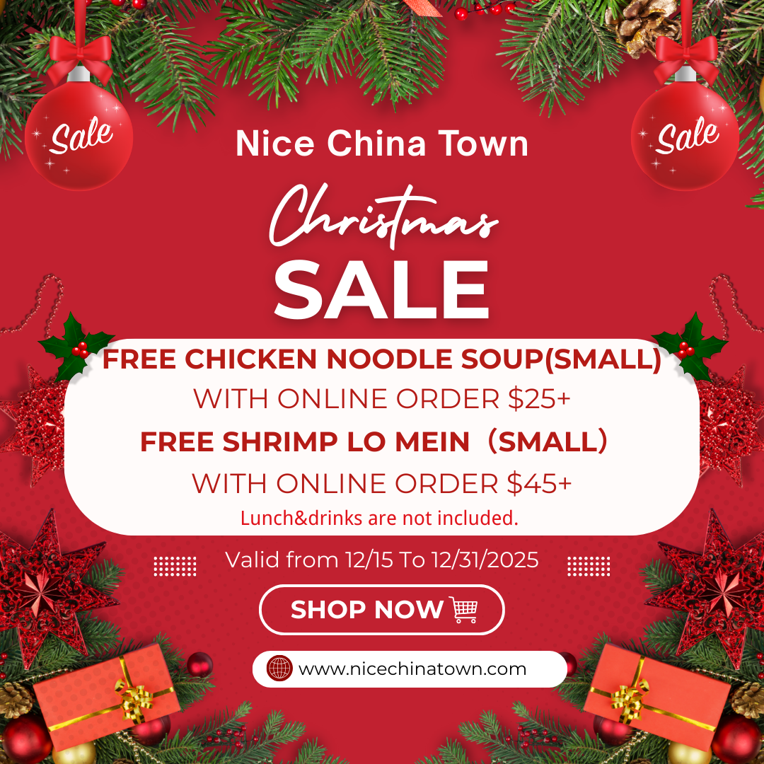 Crab N Go Seafood Promotion Alt:
“Christmas sale poster for Nice China Town offering free small chicken noodle soup and shrimp lo mein with online orders.”
Title:
“Nice China Town Christmas Sale — Free Soup and Lo Mein with Online Orders”
